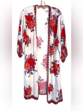 Flying Tomato Kimono, Sz. M/L, White w/ Red Flower Print, Lightweight